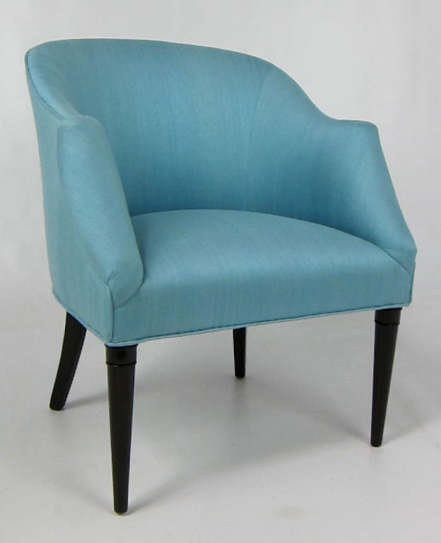 Glamorous Boudoir Lounge Chair in Blue Clarence House Dupioni Silk.  Frame has been refinished in dark Brown Lacquer