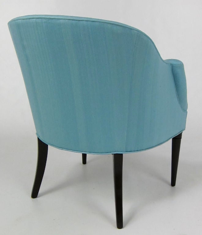 Wood Roll Arm Lounge Chair in Blue Dupioni Silk