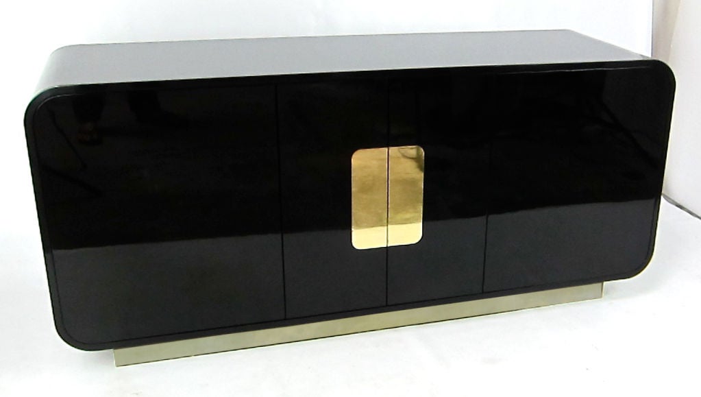 American 70's Black Lacquer and Brass Waterfall Sideboard