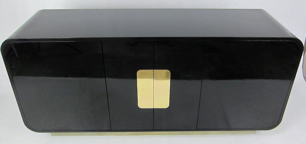 Late 20th Century 70's Black Lacquer and Brass Waterfall Sideboard