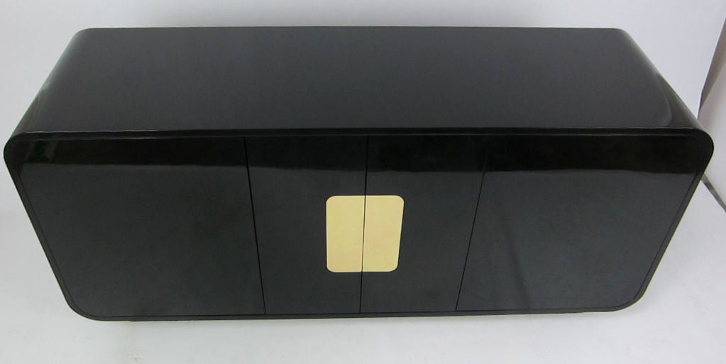Wood 70's Black Lacquer and Brass Waterfall Sideboard