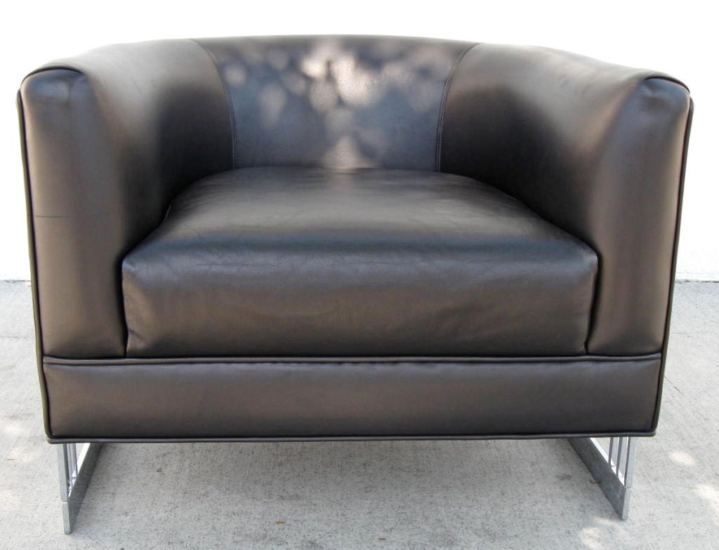 Nickel Framed Leather Barrel Chair in the style of Milo Baughman For