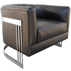 Nickel Framed Leather Barrel Chair in the style of Milo Baughman 7