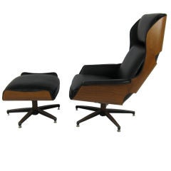 Rare Ultra-Mod Walnut Plywood Lounge Chair & Ottoman