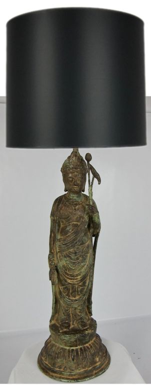 Fine Patinated Bronze Quan Yin figural lamp from the venerable Gump's in San Francisco.  Measures 42