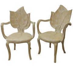 Pair of Leaf Carved Wood Chairs. Vintage Pair of Leaf Carved Wood Chairs.