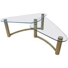 1970s Tubular Brass and Glass Asymmetrical Two-Tier Coffee Table