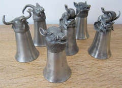 6 Vintage  Pewter animal heads Cups/Stirrup Cups.