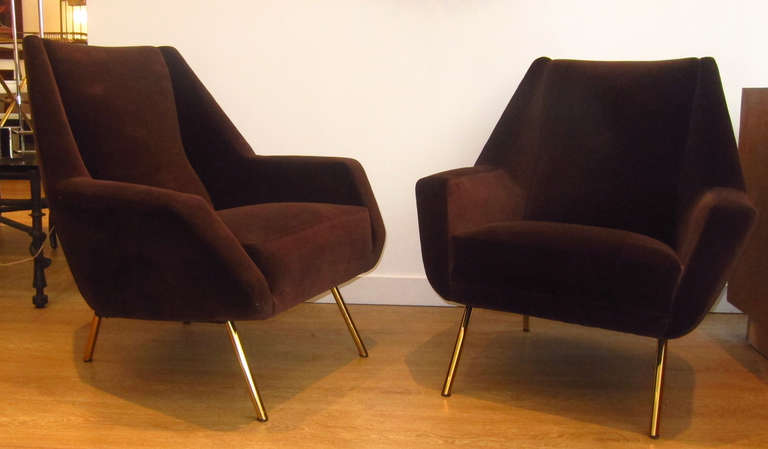 Pair of Italian lounge chairs, circa 1950's, in the style of Marco Zanuso. Brass tubular legs, chairs are newly upholstered with brown chocolate velvet.

THIS ITEM IS LOCATED IN MANHATTAN AT 1STDIBS@NYDC SHOWROOM. 
200 LEXINGTON AVE - 10TH FLOOR,