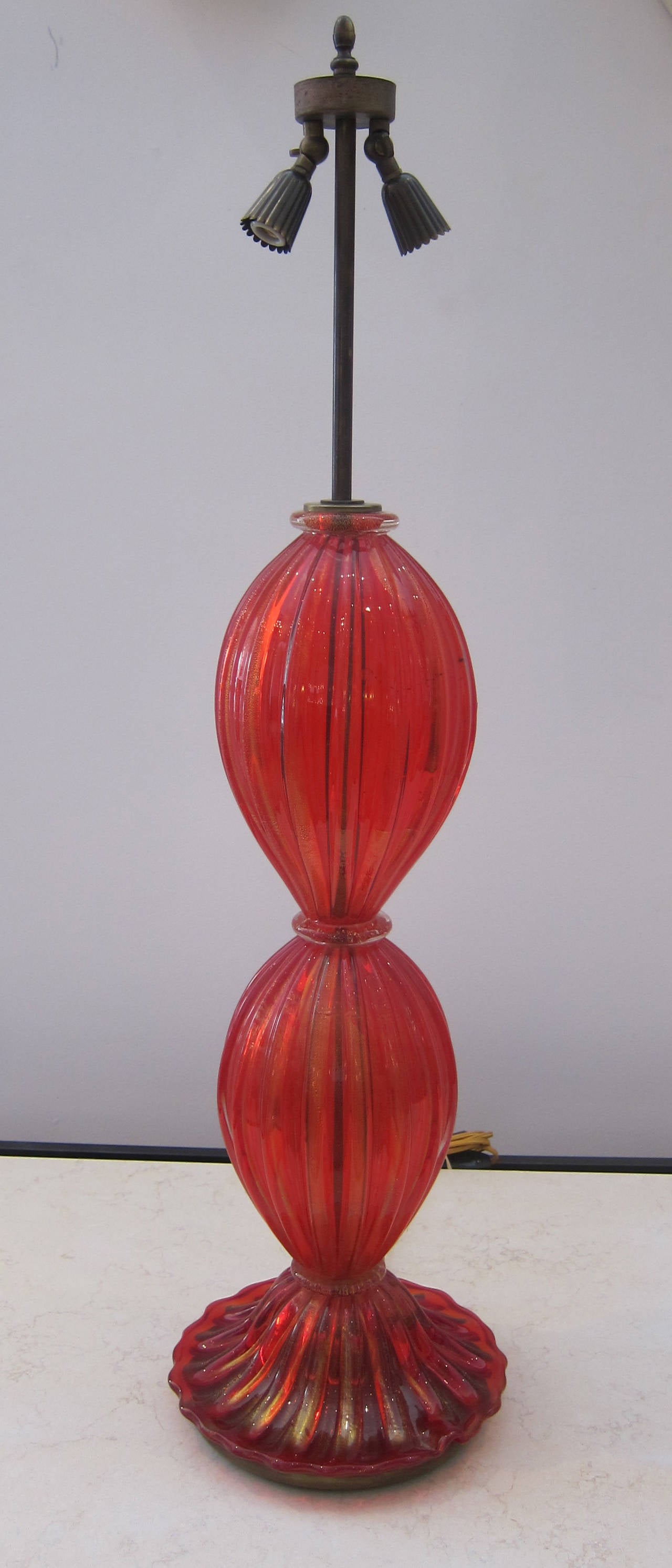  Vibrant Red Murano Glass Table Lamp by Barovier e Toso. Newly rewired. Signed