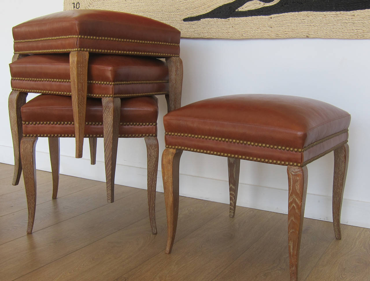 Mid-20th Century Pair of Stacking Cerused Oak Stools