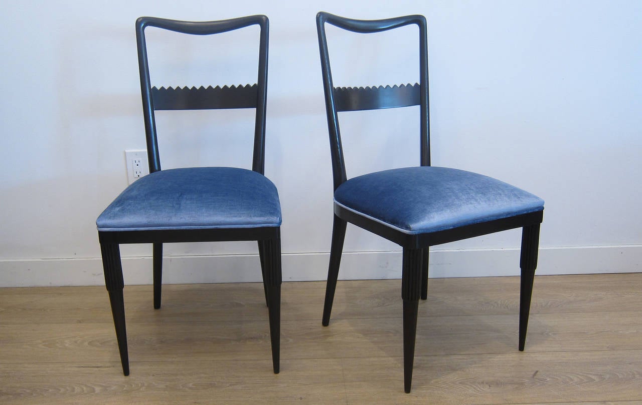 1950’s Italian side chairs by Pierluigi Colli.  Ebonised wood upholstered with vibrant blue velvet.