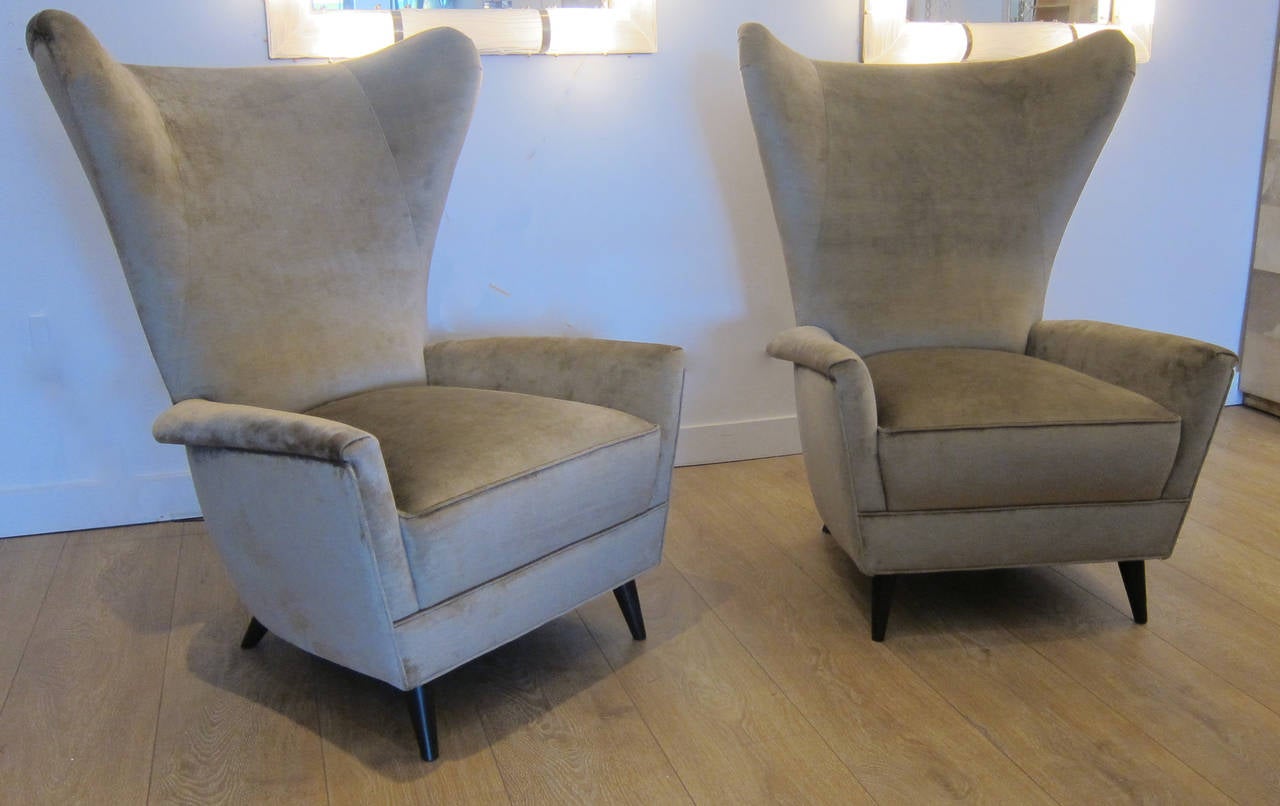 Pair of Italian tall wingback armchairs, newly upholstered in brown velvet, ebonized conical wood legs.

