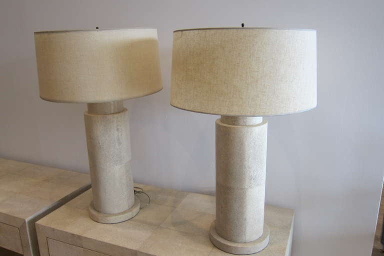 Pair of shagreen table lamps with shades, by R&Y Augousti.