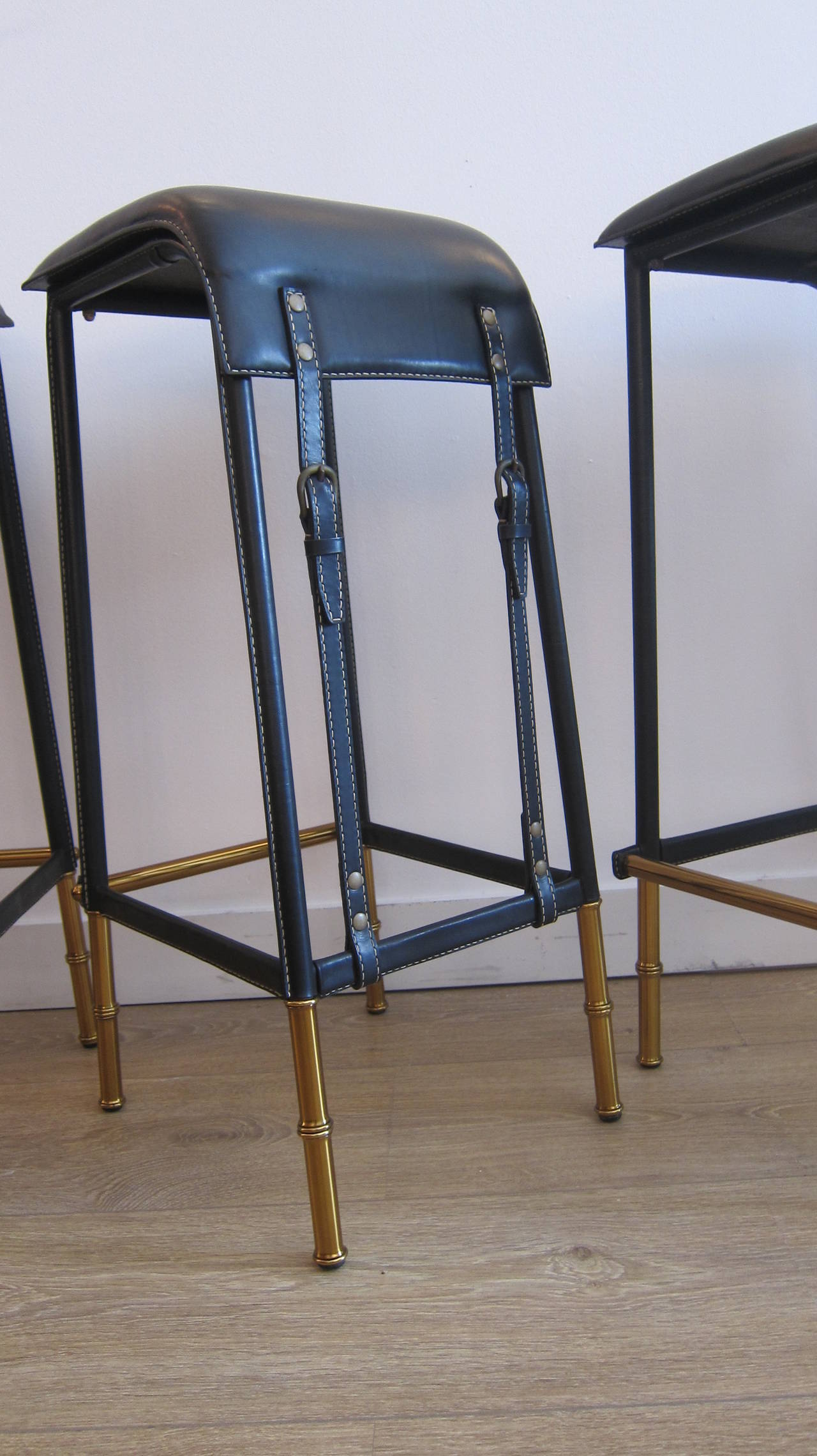 Mid-Century Modern Four Stitched Leather Bar Stools by Jacques Adnet