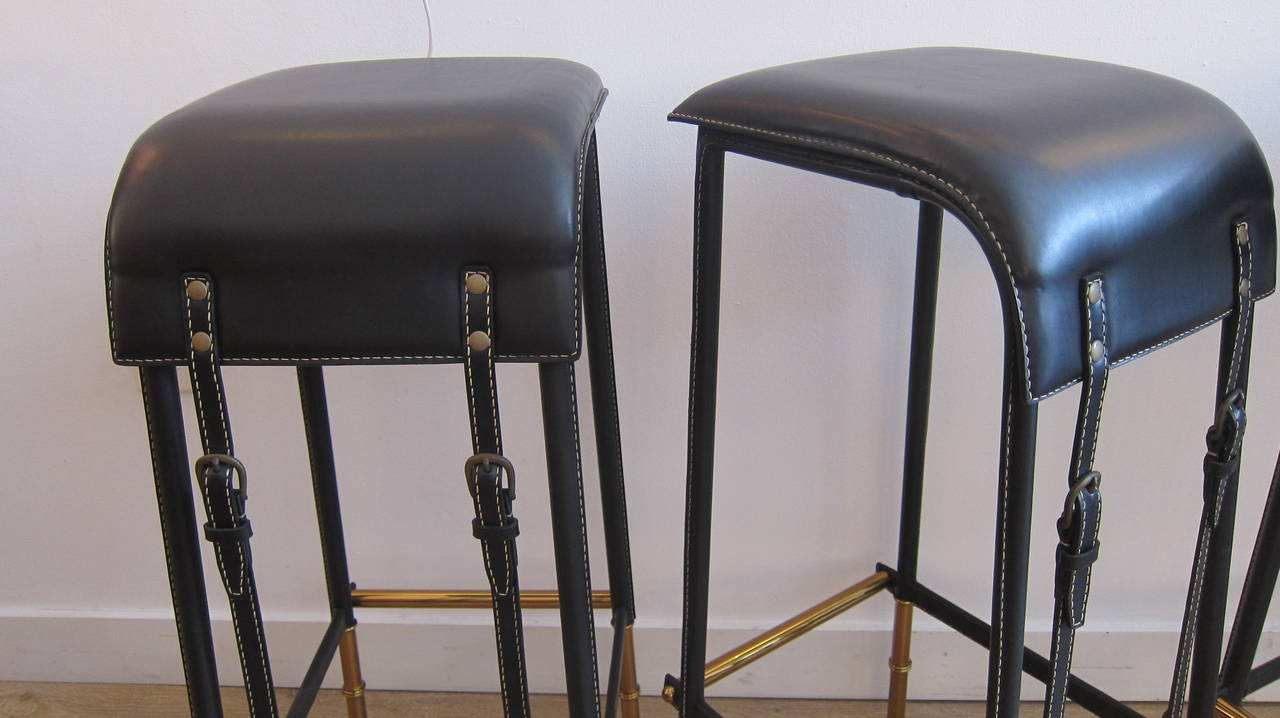 French Four Stitched Leather Bar Stools by Jacques Adnet