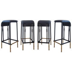 Four Stitched Leather Bar Stools by Jacques Adnet
