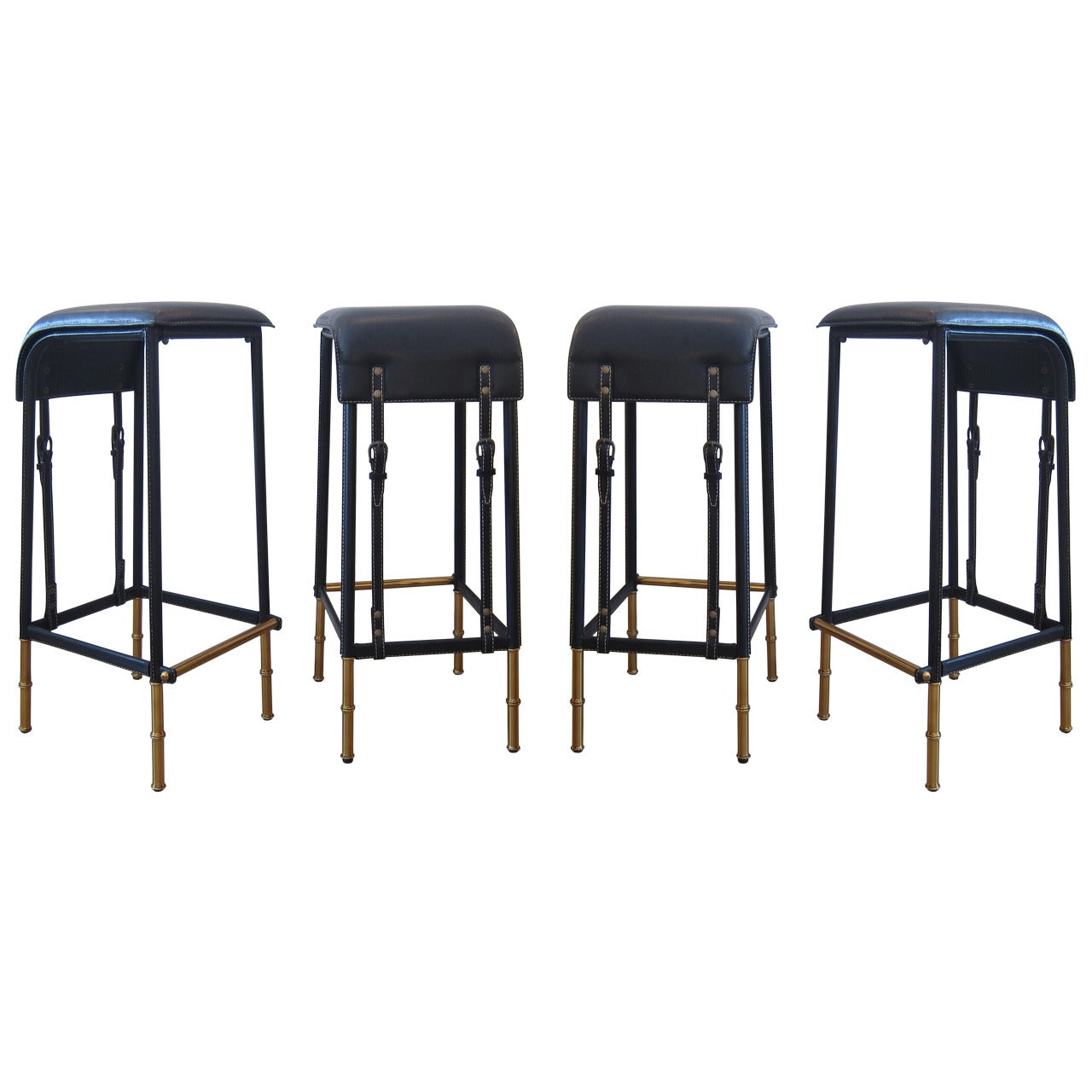 Four Stitched Leather Bar Stools by Jacques Adnet