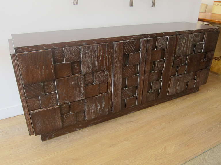 Superb mosaic block patterned chest of drawers (9- drawer) from the Lane's mosaic series, bleached oak finish. Paul Evans inspired.

THIS ITEM IS LOCATED IN MANHATTAN AT 1STDIBS@NYDC SHOWROOM. 
200 LEXINGTON AVE - 10TH FLOOR, NYC