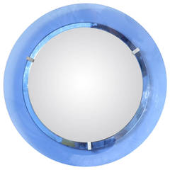 Vintage  Round Blue Glass Mirror by Cristal Art, Italy 1950