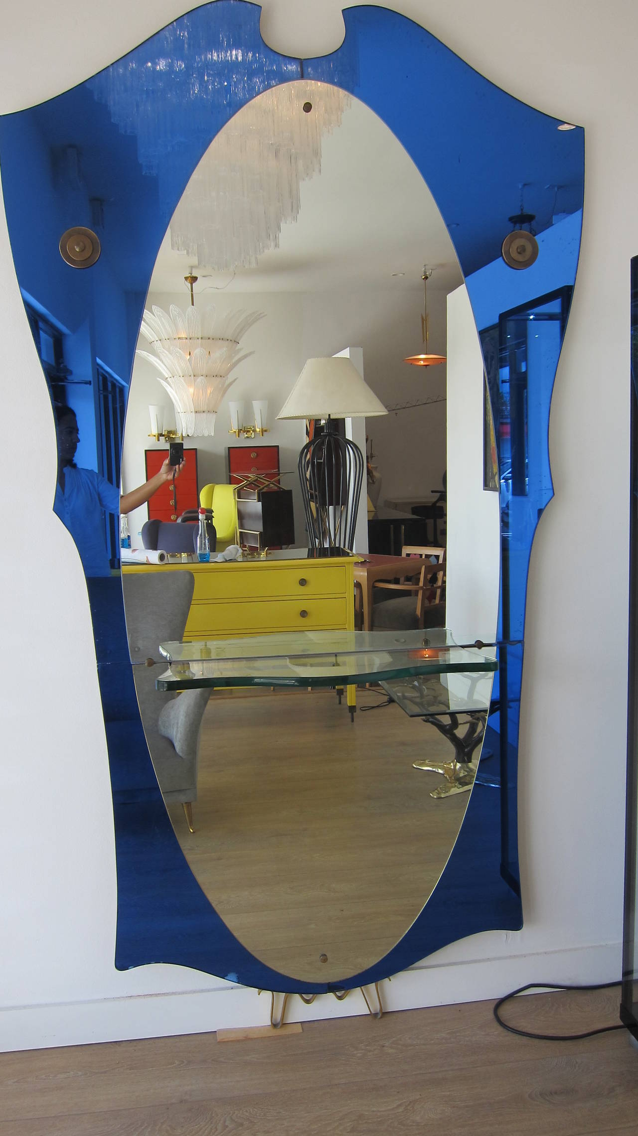 Mid-Century Modern Full Length Cobalt Blue Mirror, Italy 1950's