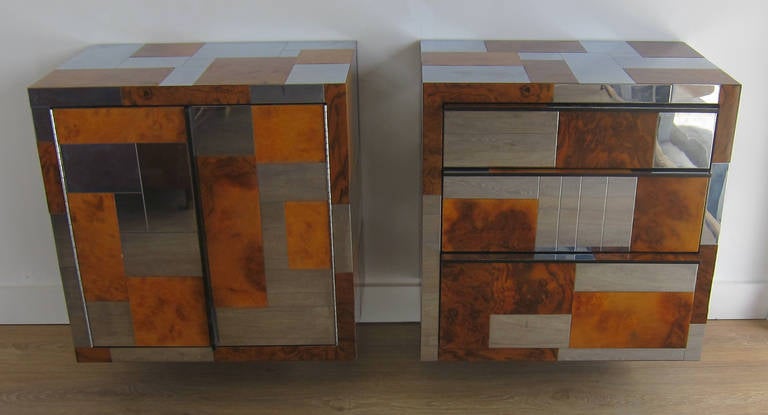 Pair of wall-mounted cabinets or nightstands by Paul Evans for Directional. Olive burl and chrome. Signed Paul Evans Original.