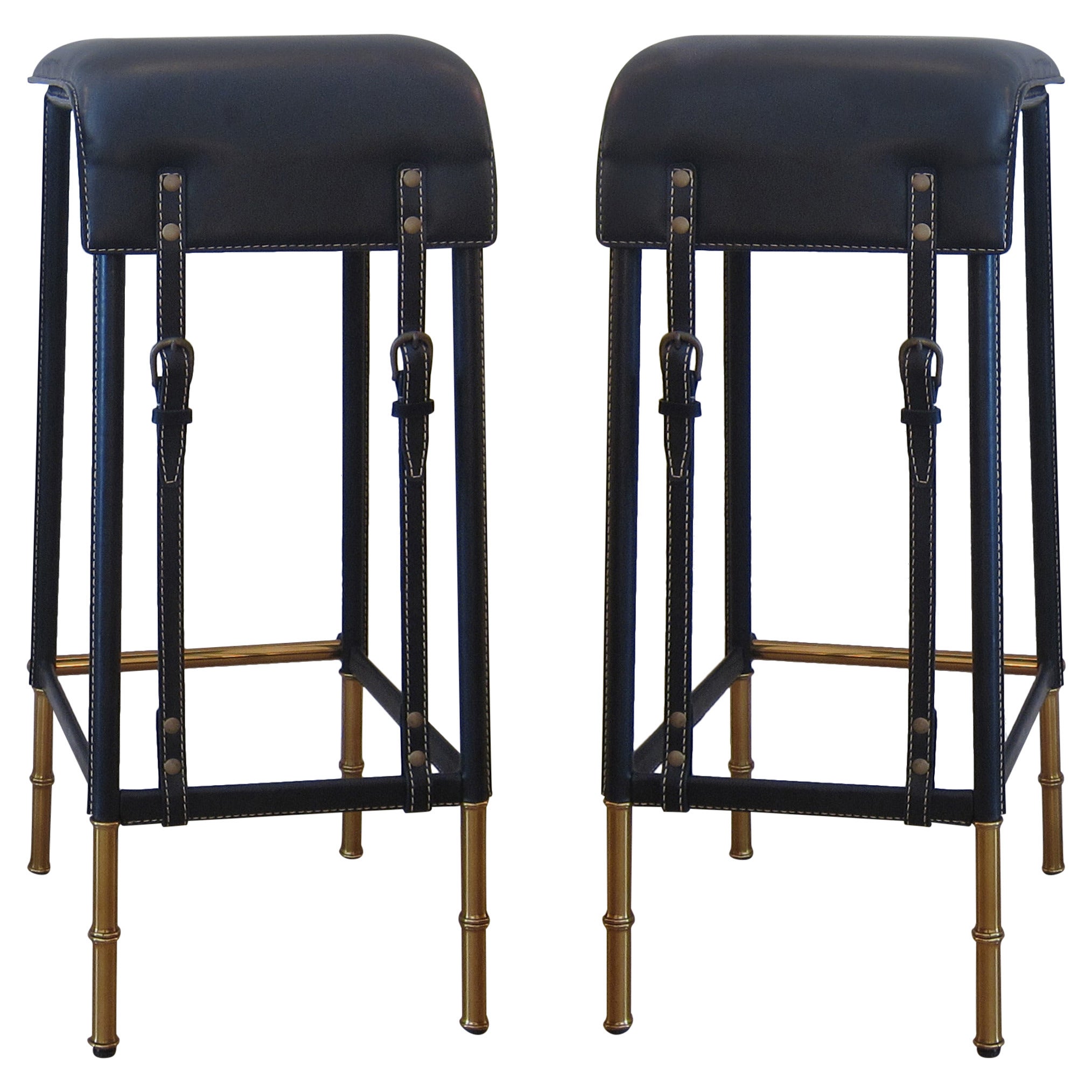 Pair of Black Stitched Leather Bar Stools by Jacques Adnet.