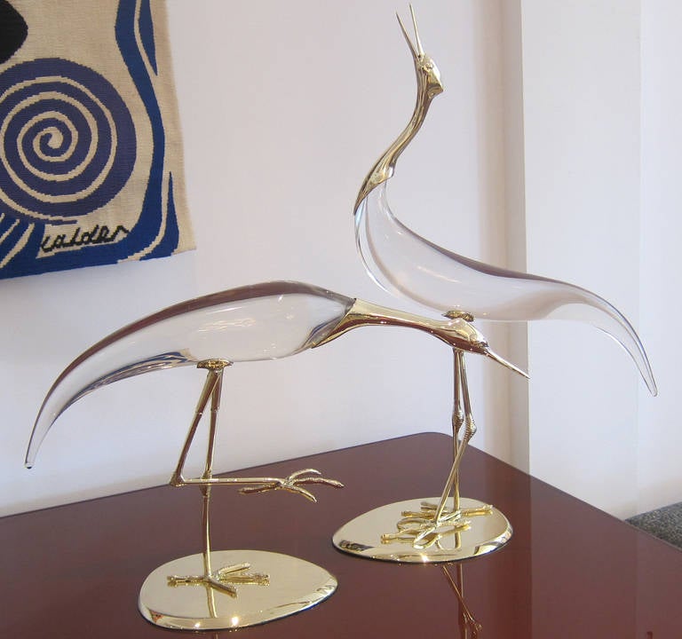 Large Pair of Brass and Glass Birds.
