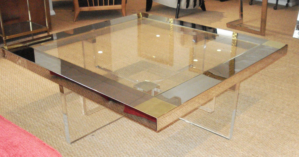 Lucite, Chrome & Brass Coffee Table.