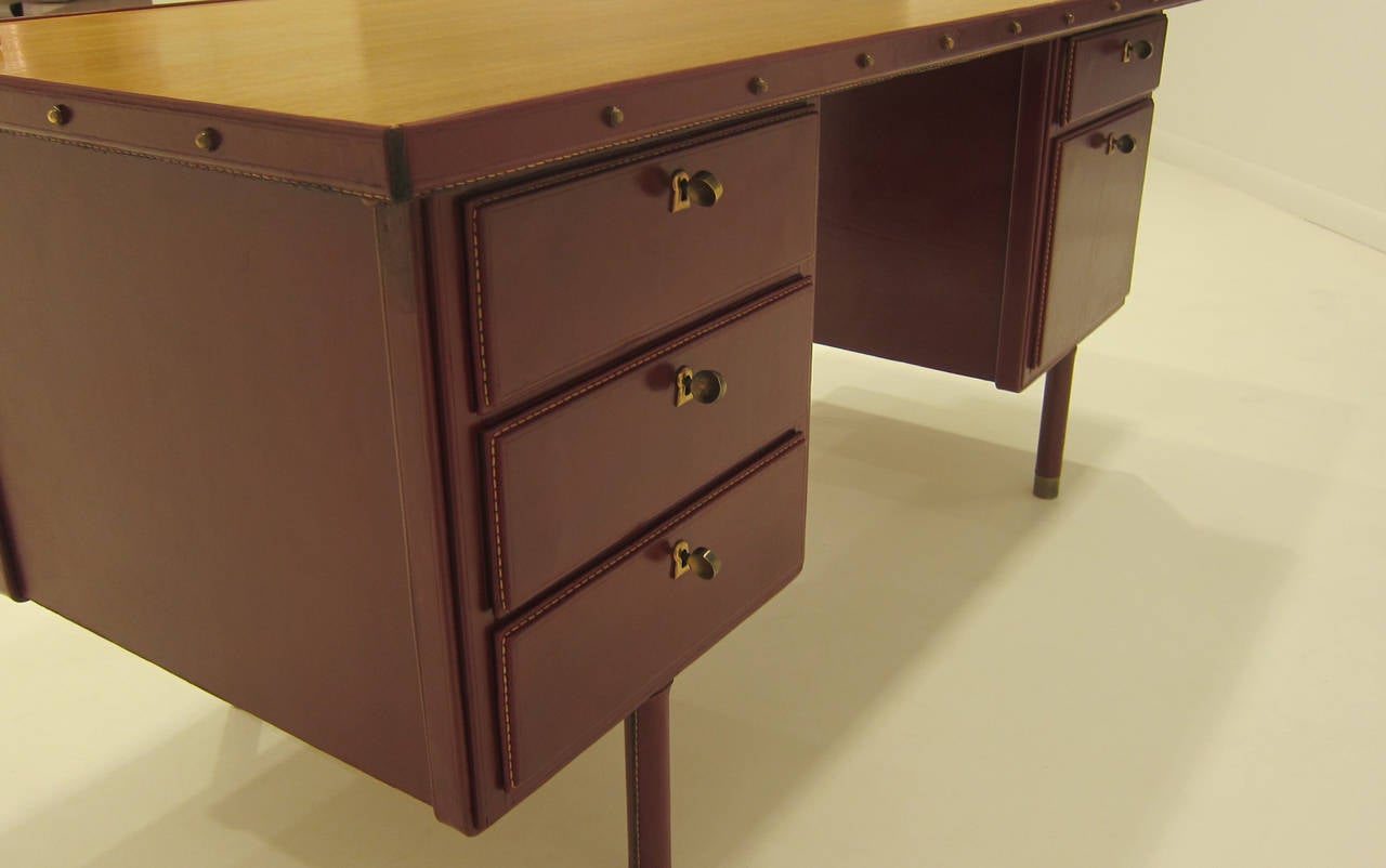 Red Stitched Leather Desk by Jacques Adnet. In Excellent Condition In Miami, FL