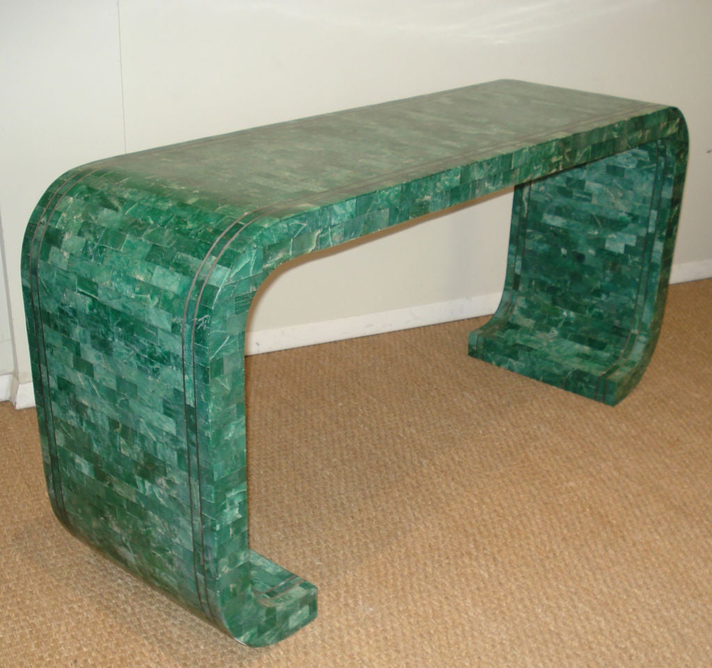 Beautiful malachite tile  wrapped console, brass inlaid accents.