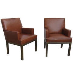 Pair of Brass and Leather Armchairs by Mastercraft.