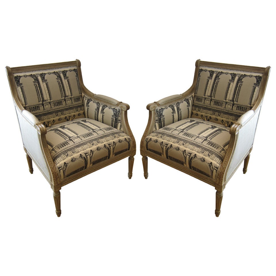 Louis XVI style Armchairs, Fornasetti Fabric.