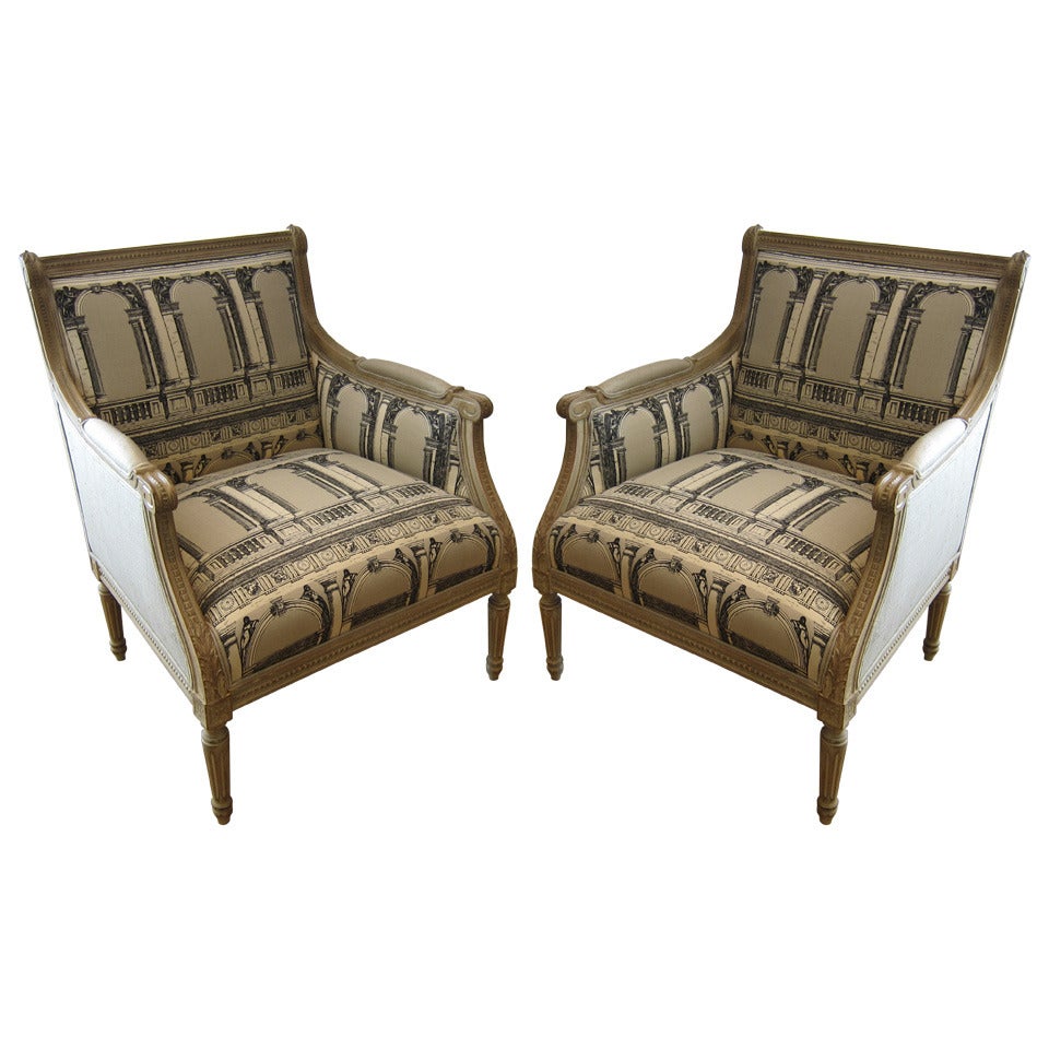 Louis XVI style Armchairs, Fornasetti Fabric.