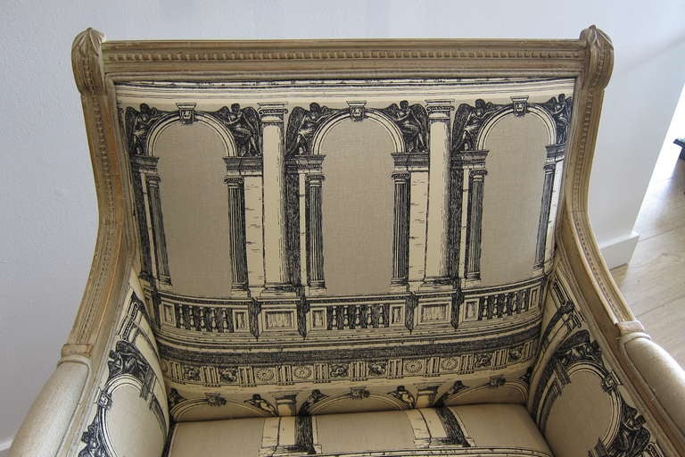 Louis XVI style Armchairs, Fornasetti Fabric. In Good Condition In Miami, FL