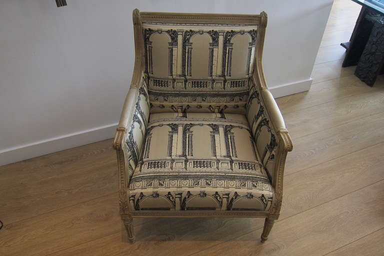 Neoclassical Louis XVI style Armchairs, Fornasetti Fabric.