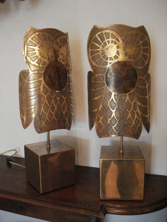 Exceptional Pair of Owl Brass Table Lamps.