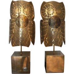 Exceptional Pair of Owl Brass Table Lamps.