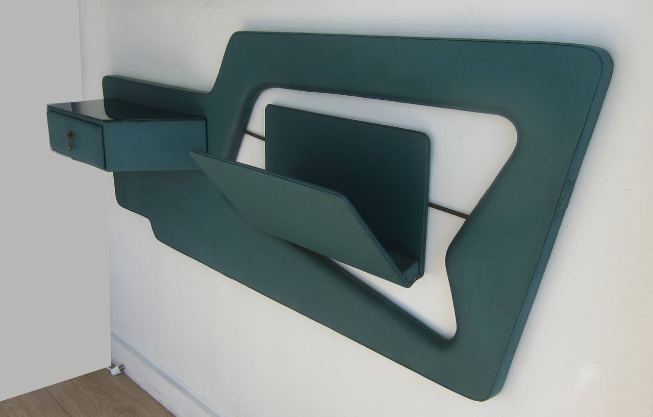 Mid-Century Modern Green Leatherette Wall Hung Console, Italy, 1970s