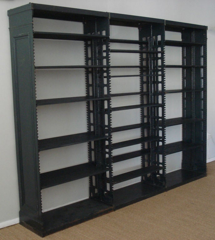 Historical  book stack and shelving for libraries by the Snead and Company iron works. 5 section units available (15 bays). Similar examples were made for the Library of Congress, New-York public library. Provenance and documentation available.
