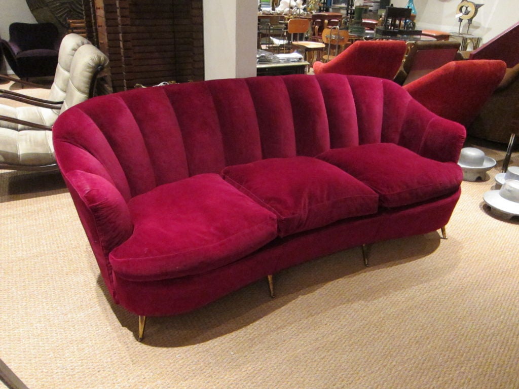 Superb scalloped 1950's Italian sofa, original burgundy velvet, dawn cushions, brass legs. Attributed to Ico Parisi.