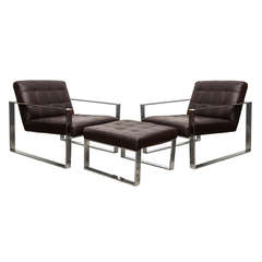 Pair of  Modern Milo Baughman Style Chairs and Ottoman, Flat Chrome and Leather