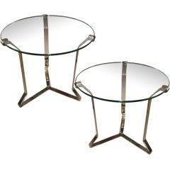 Pair Mid Century Modern Chic Tri-base 1970s Chrome / Glass Circular Side Tables