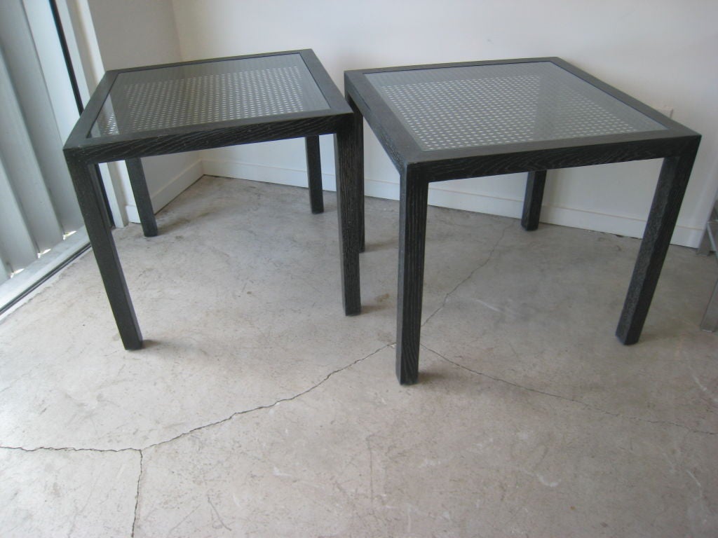 Pair Mid Century Modern Parsons Cerused Limed Oak Square Side Tables