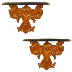 Pair of Italian Rococo Style Giltwood & Painted Wall Brackets, turn of 20th cen.
