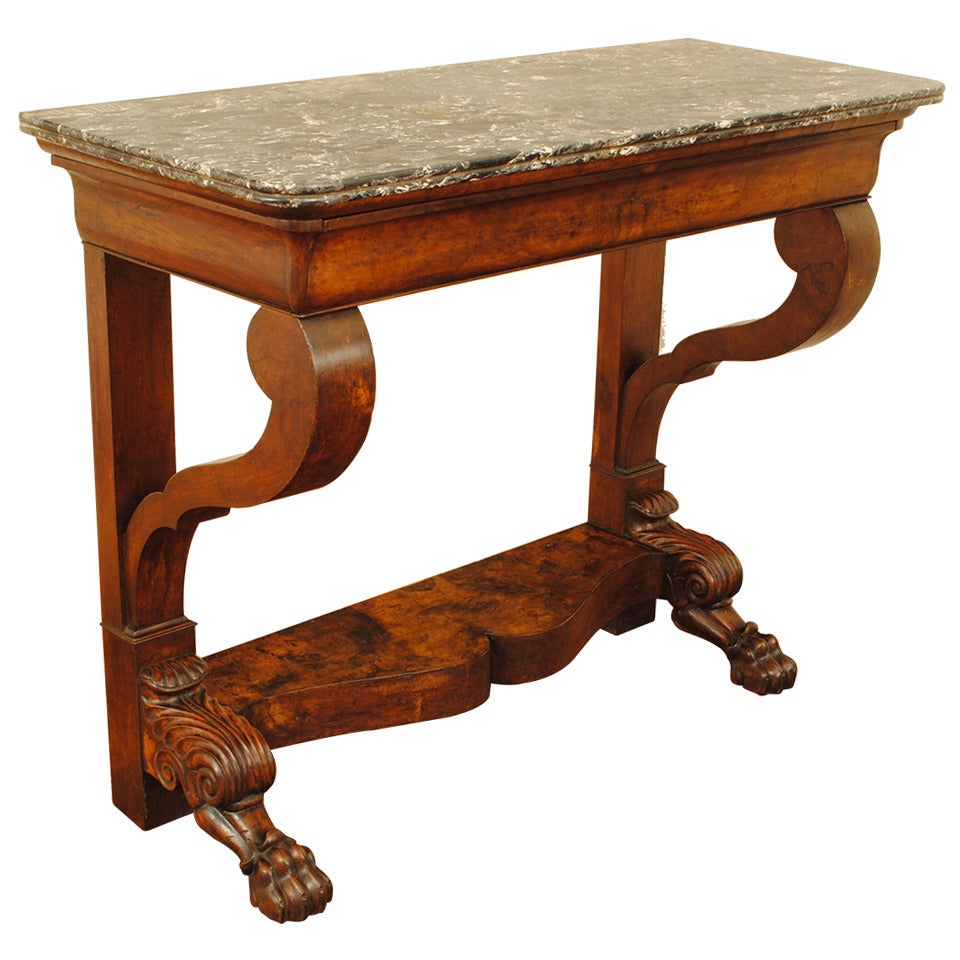 French 19th Century Carved Walnut One-Drawer Console Table with Marble Top