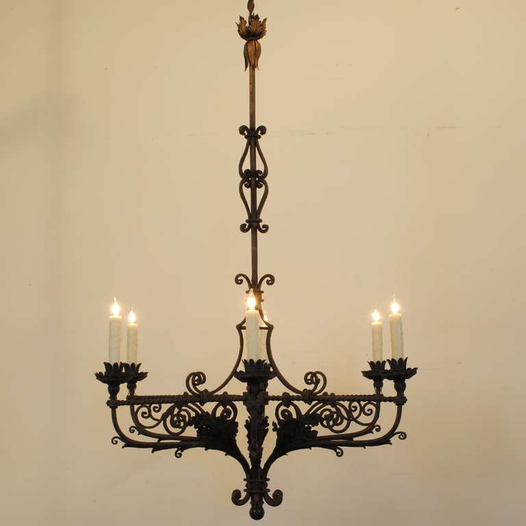 A Northern Italian, probably Lombardia, Wrought Iron 6-Light Chandelier