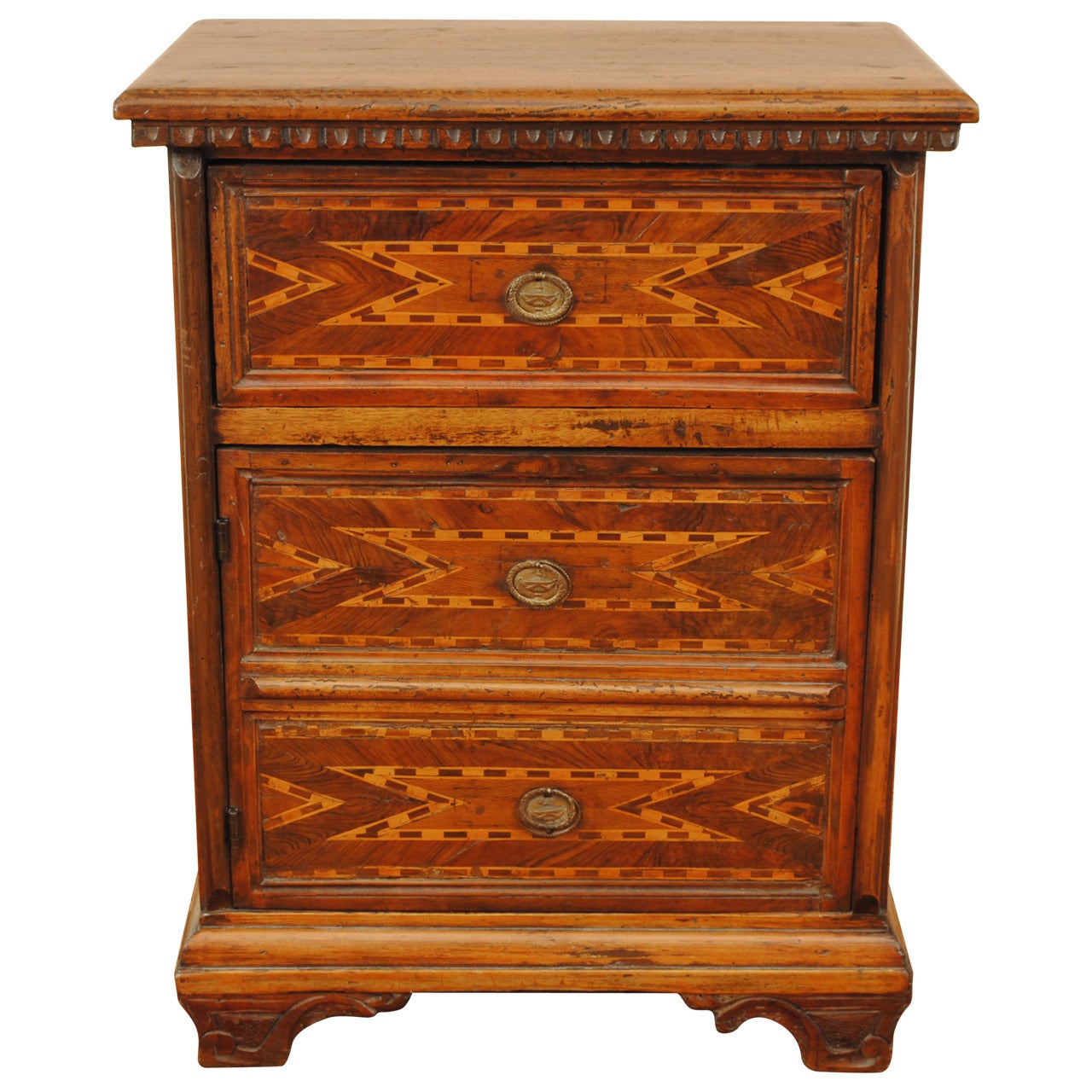 Italian Baroque Walnut and Inlaid One-Drawer and One-Door Side Cabinet