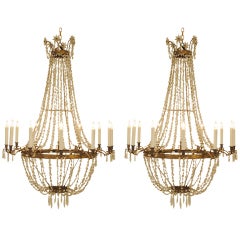 Pair Piemontese 19th Cen Neoclassical Period Brass & Glass 12-Light Chandeliers