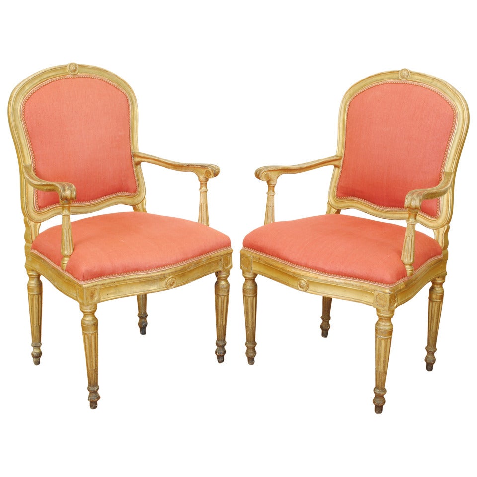 A Pair of Italian, Genovese, Late 18th Century Giltwood Poltrone